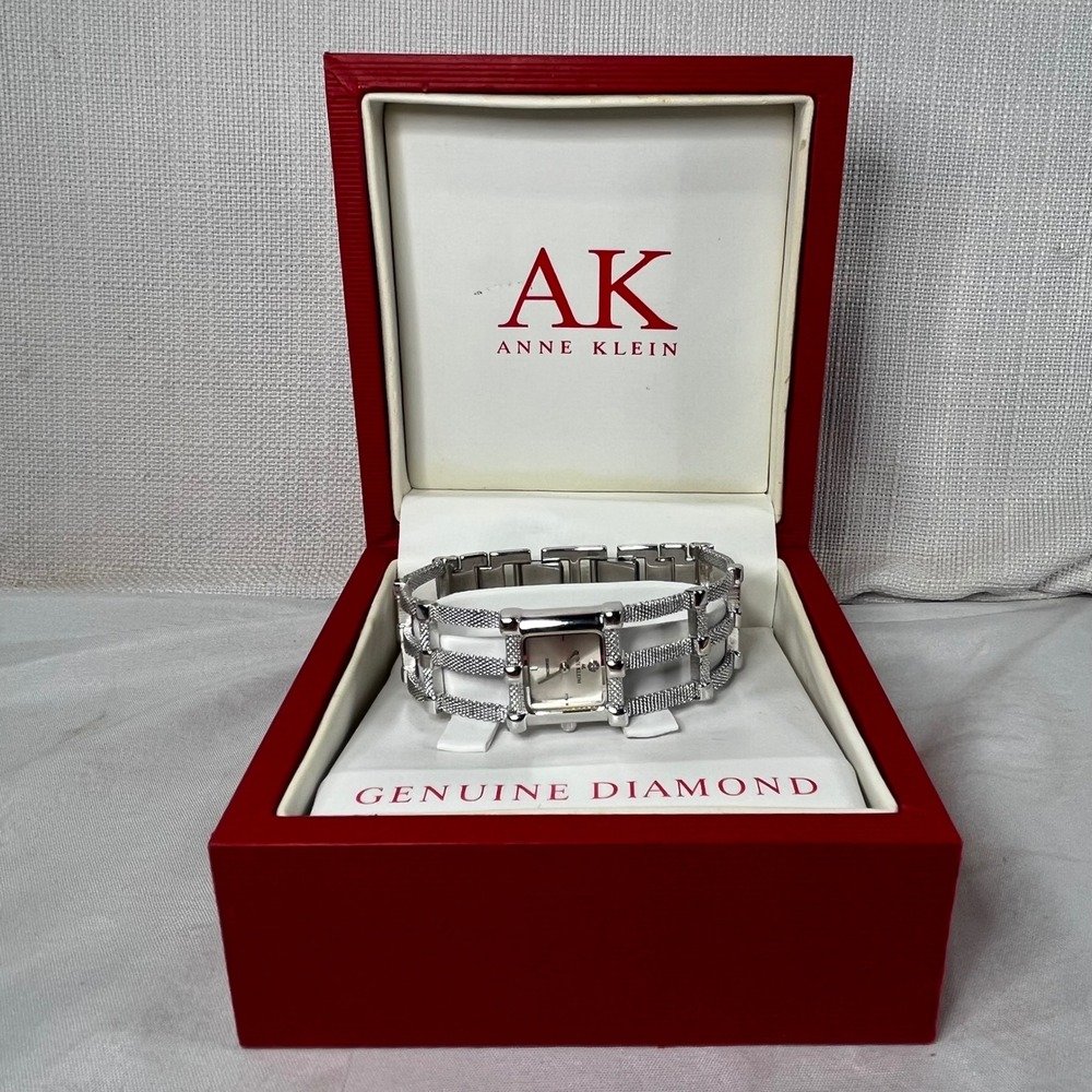 Anne Klein Womens Silver Tone Mesh Cage Bracelet Watch Genuine Diamond Dial